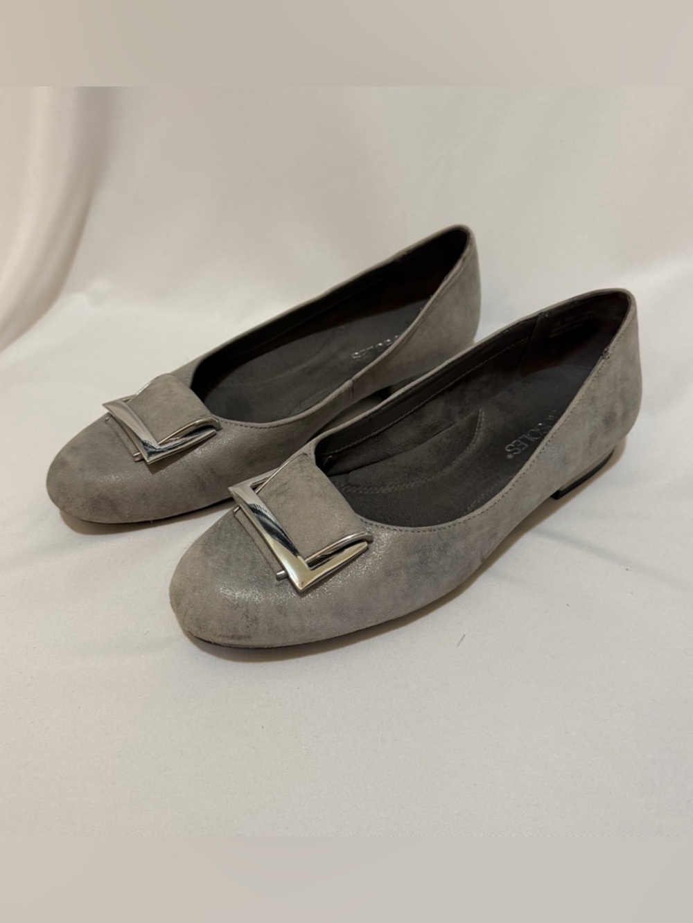 AEROSOLES Gray Suede Loafers with Silver Buckle - Picture 3 of 6